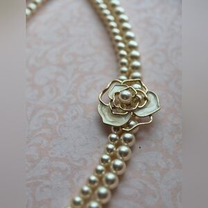 Vintage Pearl Necklace with Gold Enamel  Floral Design
